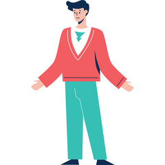 Stylized Male Figure in Coral Sweater and Teal Pants With Open Arms on Transparent Background