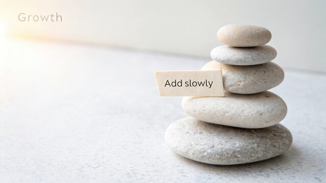 Balanced stones with a growth concept sign promoting gradual progress in personal development and mindfulness aesthetics - Powered by Adobe