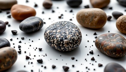 A collection of variously colored rocks, each with its own unique speckle pattern, laid out on a white surface with a scattering of dark soil like particles around them.