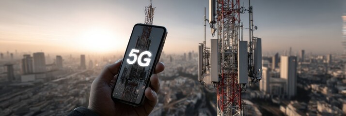 5G Mobile Internet Communication Tower With Smartphone Displaying Connection Status Over a City Skyline