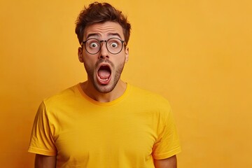 A young man with glasses and a surprised expression stands in front of a yellow background.