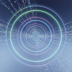 Fototapeta premium A futuristic cyber-tunnel formed from geometric rings and luminous data particles, symbolizing high-speed information flow