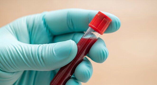 Healthcare professional gloved hand holding a blood sample test tube for medical analysis - Powered by Adobe