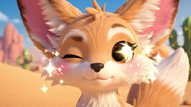 Adorable Fennec Fox Character Winking and Smiling in Desert Landscape Animation