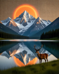 Mountain landscape with deer
