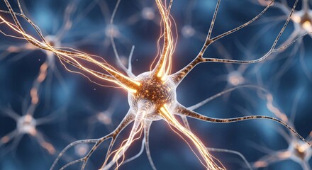 Close Up View of a Brain Neuron with Glowing Signals Transmitting Information