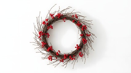 Rustic Christmas wreath made of dry twigs and red berries isolated on a white background