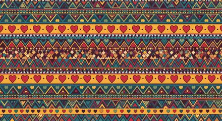 Vibrant and colorful seamless bohemian tribal pattern featuring geometric shapes, hearts, and zigzags arranged in horizontal bands.