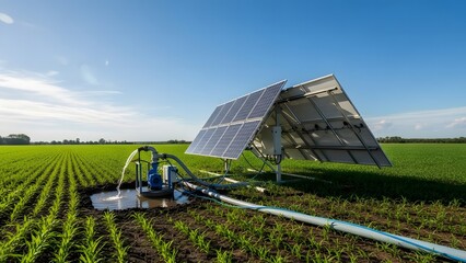 Solar panels powering irrigation system in a green field