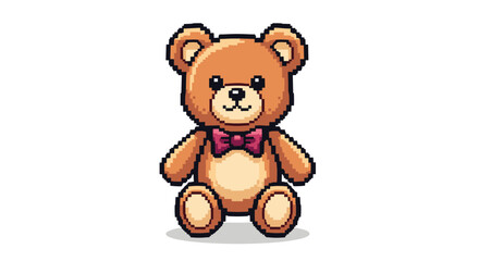Fototapeta premium An adorable pixel art illustration of a classic brown teddy bear wearing a charming pink bow tie, sitting cheerfully on a clean white background.