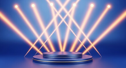 Illuminated blue stage podium with dramatic orange spotlight beams