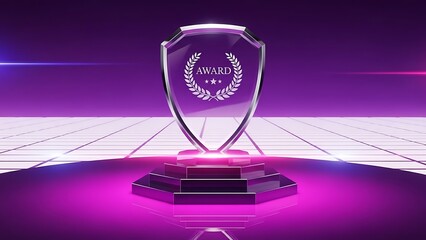 Glowing crystal shield award trophy on a futuristic purple stage