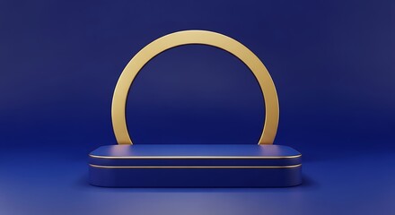 Elegant dark blue podium with golden arch for product display presentation