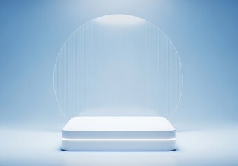 Minimalist white podium display with translucent circular backdrop