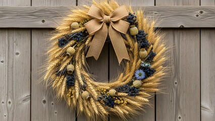 Rustic autumn wheat wreath with burlap bow, dried poppy heads, and blue flowers hanging on a weathered wooden fence background