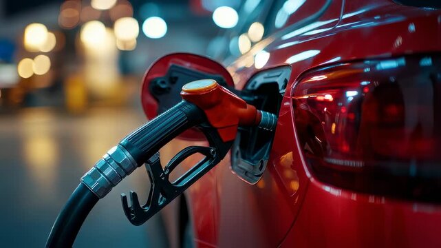 Refueling a modern red car at a gas station with premium fuel for optimal performance