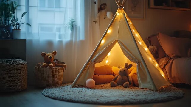 Cozy Kids Room with Teepee Tent and Soft Lighting for Playtime and Relaxation