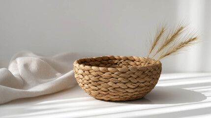 Realistic Composition of a Woven Basket Made of Dried Grass with Minimalist Background and Decorative Elements