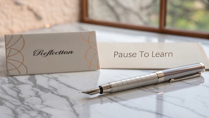 Elegant pen and note card with inspirational message on marble surface near window, perfect for creative writing and reflection
