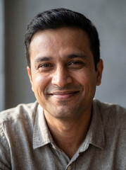 Obraz premium Smiling south asian man in a casual shirt looking directly at the camera with a friendly expression