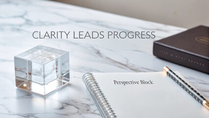 Elegant workspace with crystal cube, notebook, and motivational quote on marble surface promoting clarity and progress