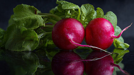 Vibrant radishes with lush green tops reflected on a dark surface