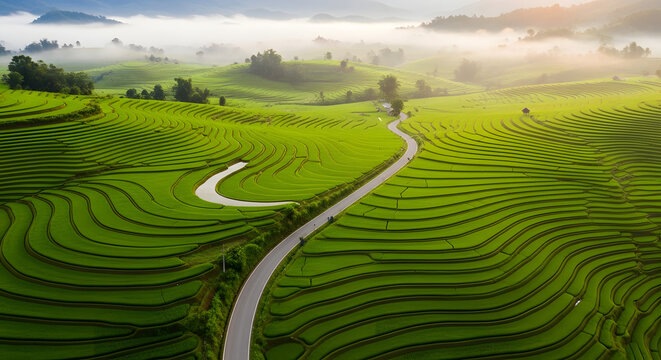 Aerial View Rice Terraces Green Landscape Winding Road Scenic Route Countryside Scene