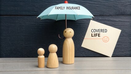 Family Insurance Concept with Wooden Figures Under Blue Umbrella and Sticky Note on Wooden Background