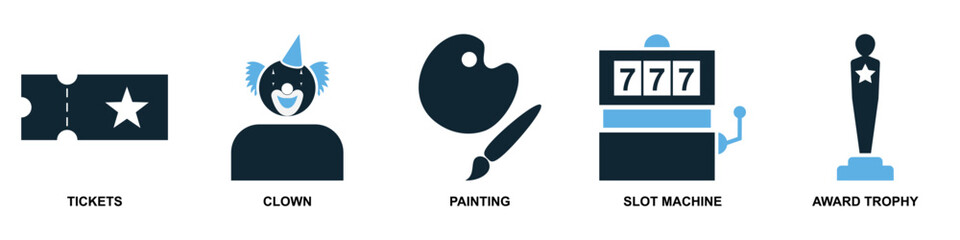 Set Entertainment Icon Vector Ideal for media interfaces, leisure apps, and arts promotion graphics. Symbolizes fun, culture, performance, and digital media.