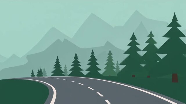 Flat vector illustration of a scenic road trip adventure, with an empty highway winding through a forest of pine trees and mountains