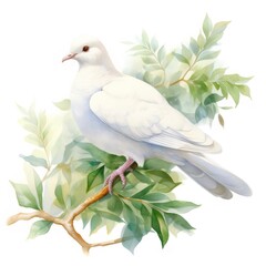 白い鳩が緑の葉の枝にとまる