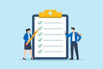 Flat illustration of businessman and businesswoman preparing checklist on giant clipboard symbolizing task management planning and project organization