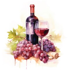 赤ワインボトルとブドウの静物画
