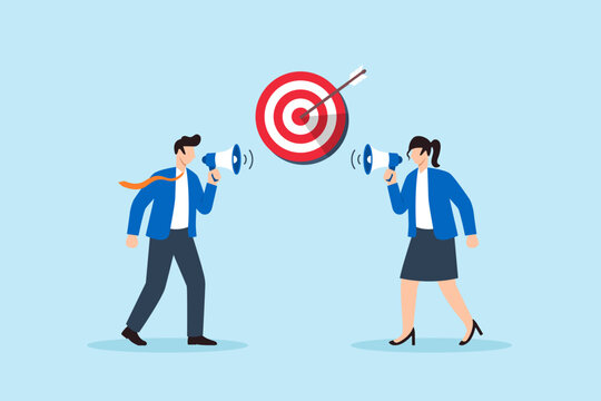 Flat illustration of businessman and businesswoman communicating through megaphones with target and arrow symbolizing teamwork communication shared goals collaboration and success planning