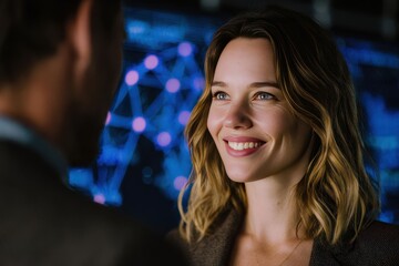 Obraz premium A smiling woman appears with digital links around her, representing human connection and social networking. The scene blends personal warmth with technology.
