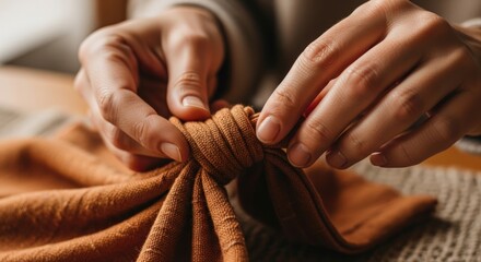 Close-up of hands tying an orange cloth with a textured background.