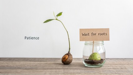 Growth Journey of a Seedling with Symbolic Sign for Patience and Anticipation in a Minimalist Setting