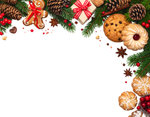 Christmas baking corner border with assorted cookies and sweet treats. Overhead view isolated on transparent png