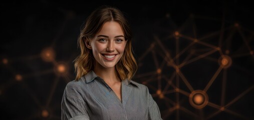 A smiling woman appears with digital links around her, representing human connection and social networking. The scene blends personal warmth with technology.