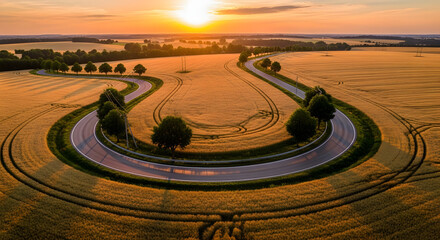 Fototapeta premium Winding Road through Golden Wheat Fields Aerial View Landscape Asphalt Highway Route