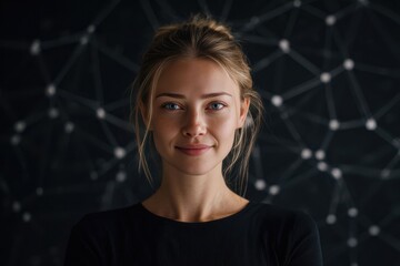 A smiling woman appears with digital links around her, representing human connection and social networking. The scene blends personal warmth with technology.