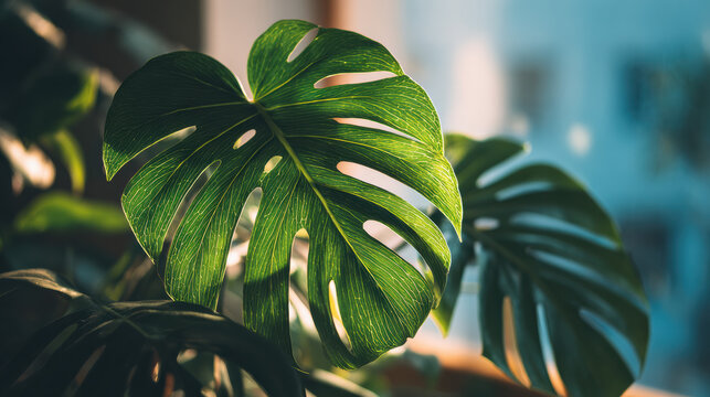 Sunlit Monstera Leaf in Natural Light