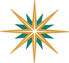 Geometric starburst with teal and gold rays on white background