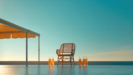 A tranquil scene featuring a wooden chair under a sunshade by the seaside with refreshing drinks