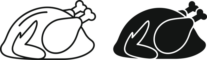 Minimalist roasted turkey icon set in black and white style for Thanksgiving, cooking, poultry, food design, and holiday graphics.