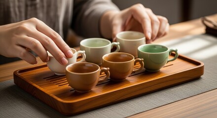 Person's hands arranging six tea cups on a wooden tray on a table.