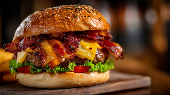 Juicy bacon cheeseburger with fresh lettuce and tomato