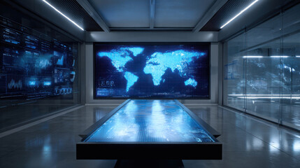 Futuristic Control Room for Real-Time Monitoring of Water Consumption with Digital Interfaces and Global Map Displays