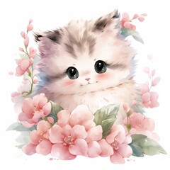愛らしい子猫の肖像画ピンクの花の囲まれた柔らかな光