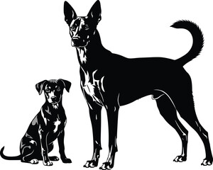 Stylized black and white vector illustration of two dogs in contrasting poses, showcasing alertness and calmness with graphic shading details.